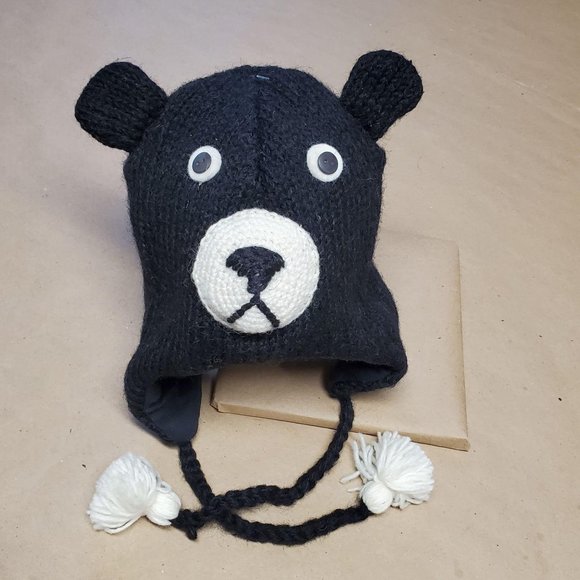 Wool Hat Bear Design One Size Black - Picture 1 of 6